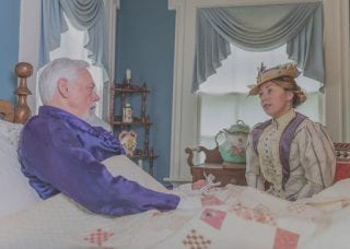 Top: Bill Rogers as Judge Isaac Parker and Jennica Schwatzman as Ada Patterson re-enact an 1896 interview, filmed at the historic Headquarters House in Fayetteville. Middle: Larry Foley and Schwatzman discuss a scene. Bottom: The Judge Parker sculpture in Fort Smith.
